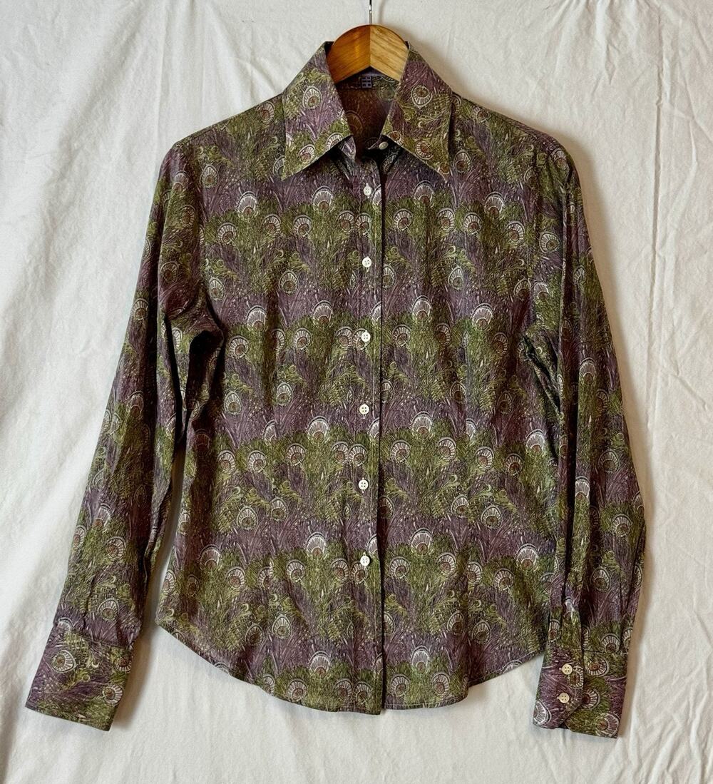 Liberty London Women's Button Down Shirt US 10 Cotton Purple/Green Peacock Print